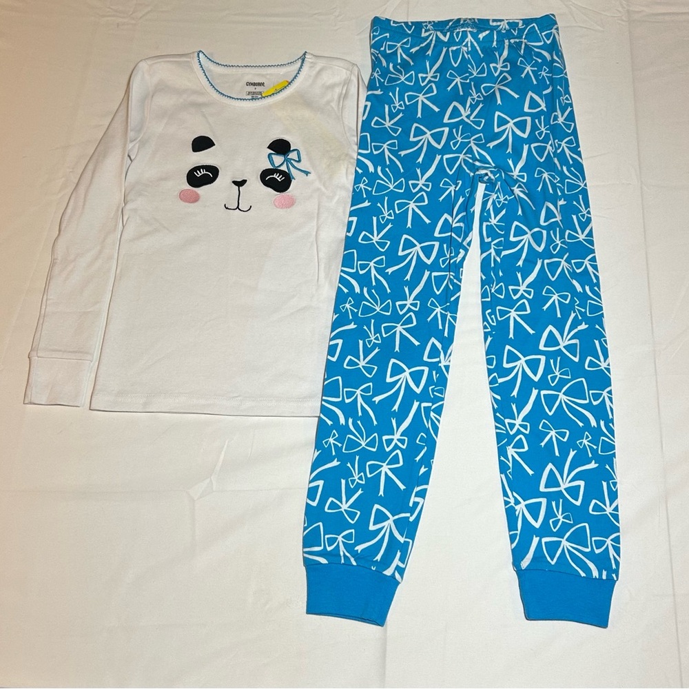 Gymboree Girls Size 7 White Blue Panda Bow 2 Piece Long Sleeve PJ Set NWT